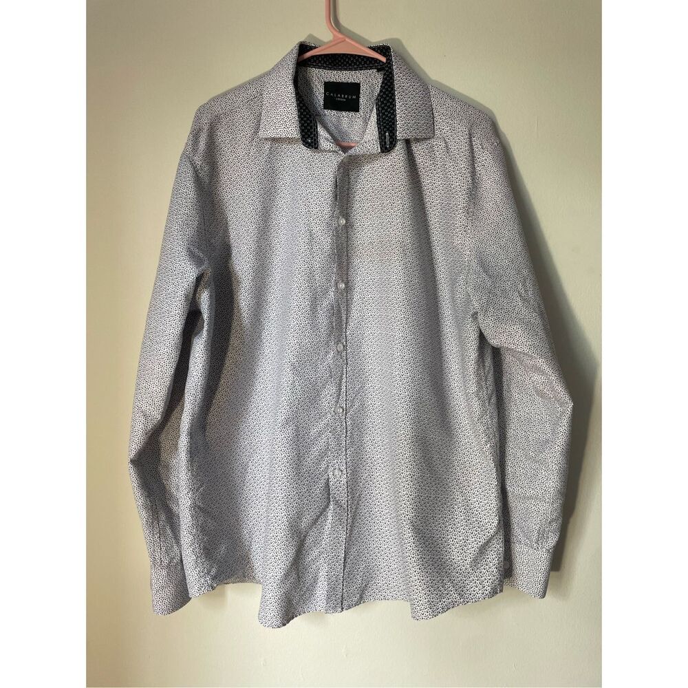 Calabrum London Mens Large Button Down Microprint Pattern White Black and Gray S